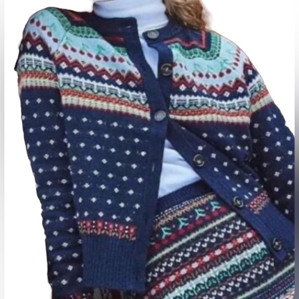 J. Crew Fair Isle Cherry Cardigan Sweater Sz Small Navy Blue Wool Blend